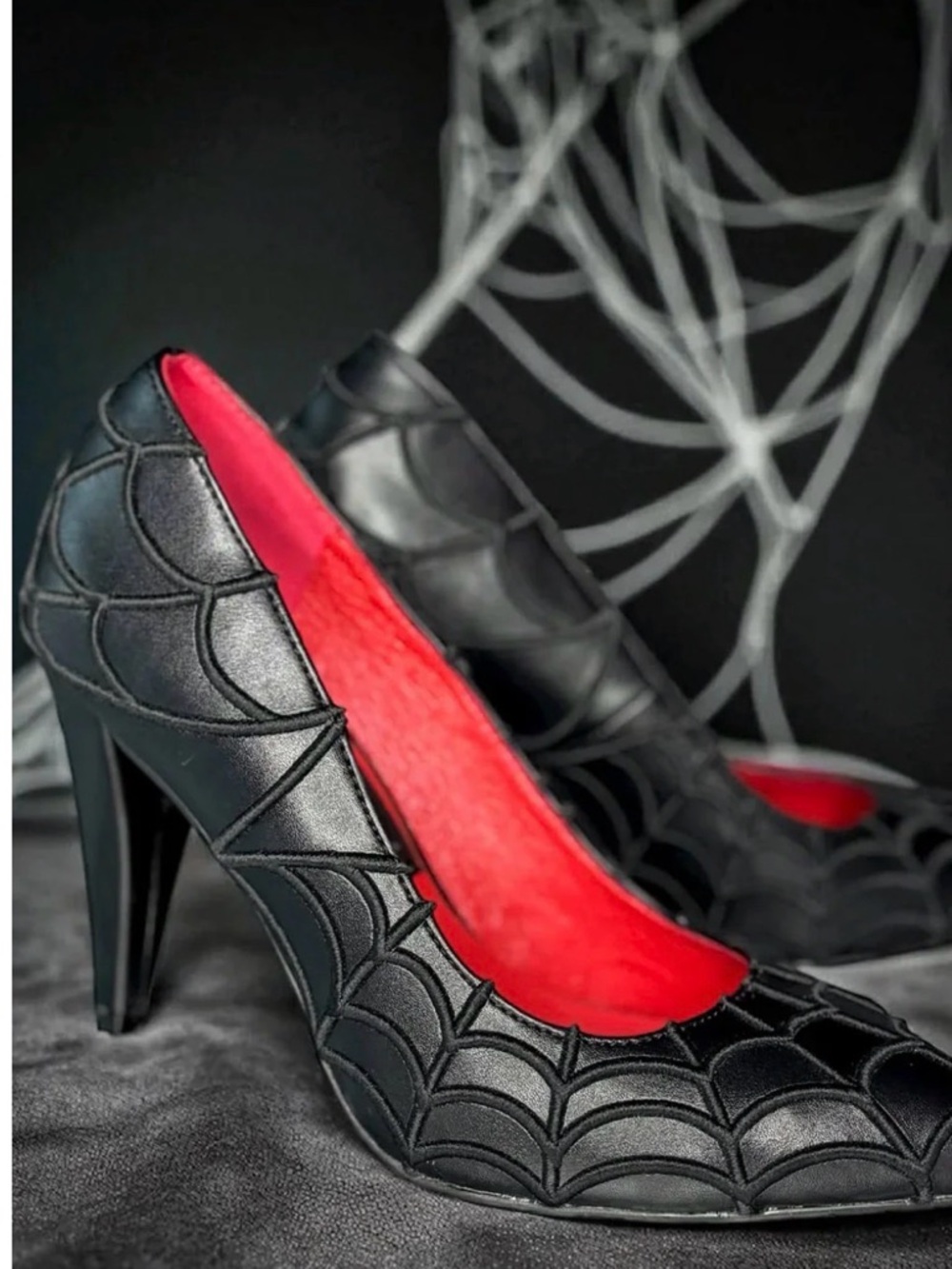Strange Cvlt Sold Out! Black Spiderweb High Heels with Red Interior